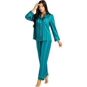 Silk Satin Womens Pajama Sets Green Striped